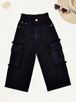 Girls Wide Leg Cargo Jeans [GJ-886] (9 Months-14Years)-9M-12M (Size - 16) / Black / Denim