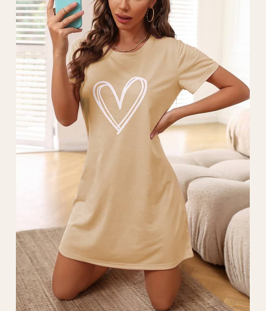 Kashian Women Cotton Blend Printed Regular Fit Round Neck T-Shirt ( Beige )