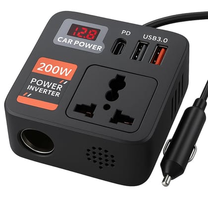 Primate 200W Car Power Inverter with 2 USB Ports (18W & 15W QC3.0), 1 USB-C 30W PD, 2 AC Universal Outlets, 12V DC to 220V AC Converter for Laptop, Phone, and Electronics Charging (Plug Car Charger) Primate 200W Car Power Inverter with 2 USB Ports (18W & 15W QC3.0), 1 USB-C 30W PD, 2 AC Universal Outlets, 12V DC to 220V AC Converter for Laptop, Phone, and Electronics Charging (Plug Car Charger)
