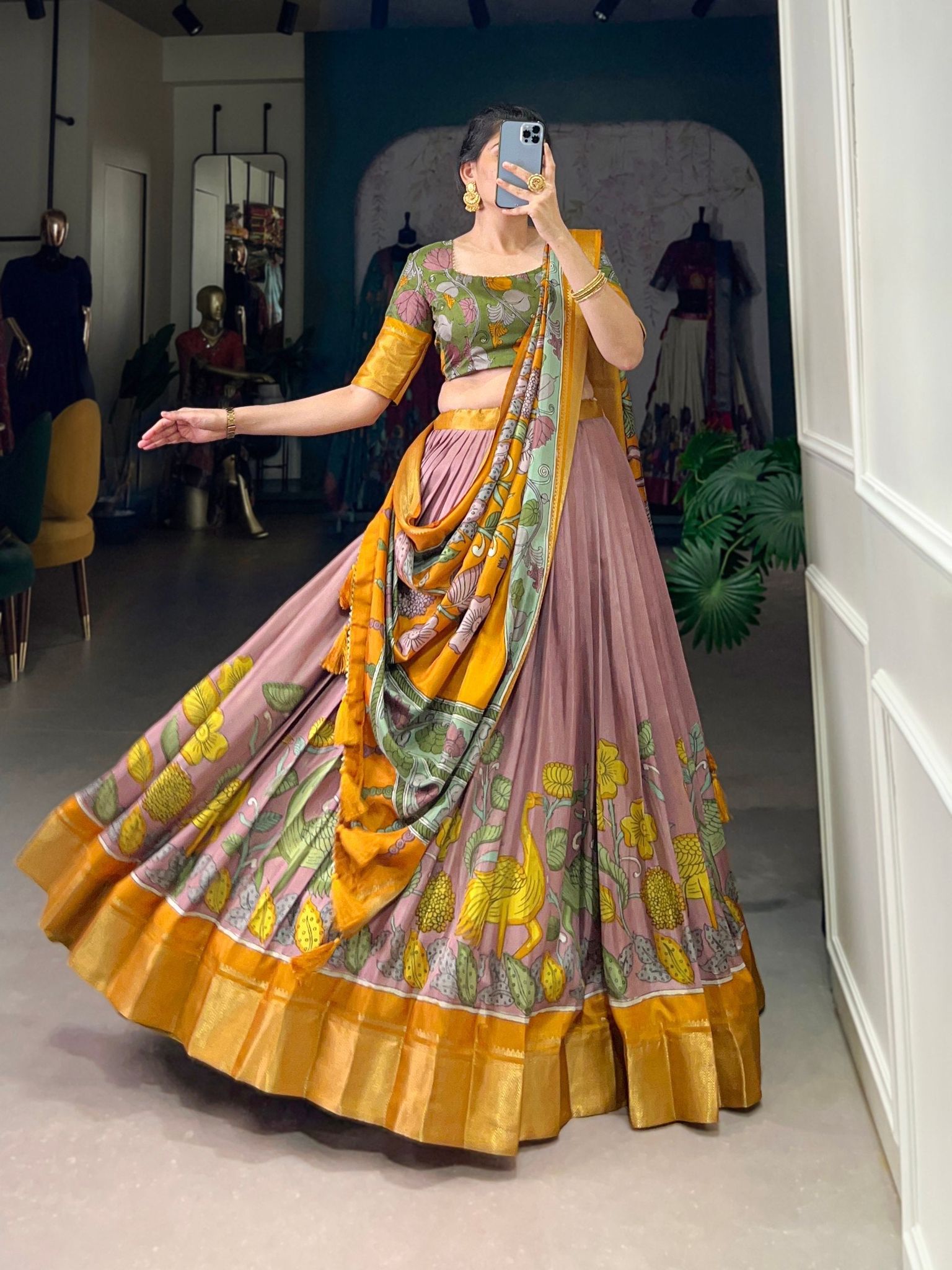 Blush & Mustard Kalamkari Elegance – Dola Silk Lehenga Set-Free Size