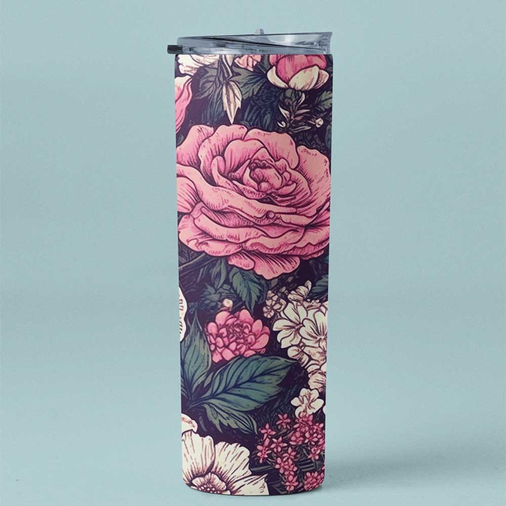 Rose Flower Printed Coffee Metal Tumbler (600ml)