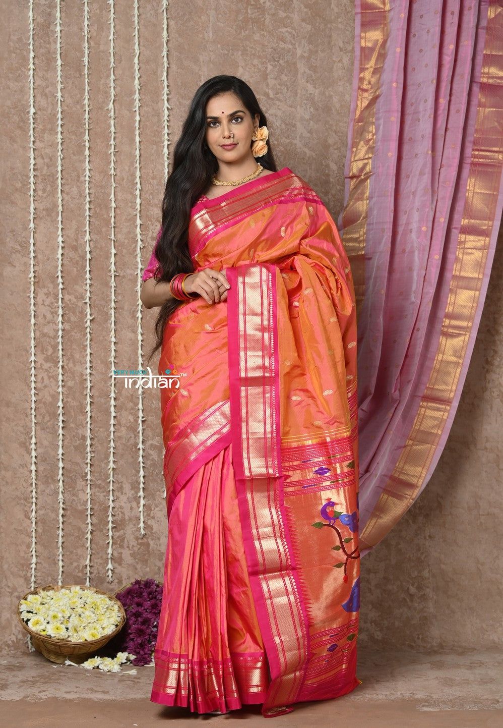 Tyohaar ~ Exclusive! Handloom Pure Silk Paithani with Most Traditional Peacock Pallu with Pink Border ~ Dual Tone Pink Orange