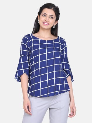 Windowpane Check Crepe Top - Royal Blue-XS