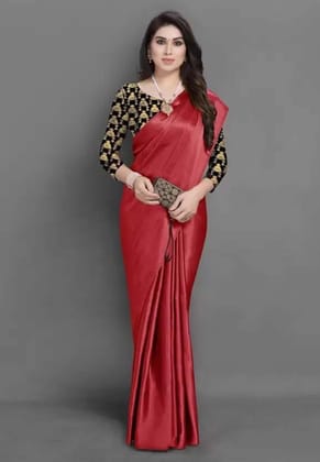 ANSH Womens Satin Solid Saree length (5.5m) & Blouse Piece Size (0.8m) (Red)