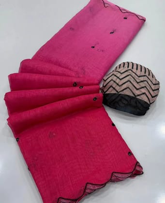 Launching new Soft Linen cotton Digital printed saree with aari work  & foil mirror work with aariwork cut work border
