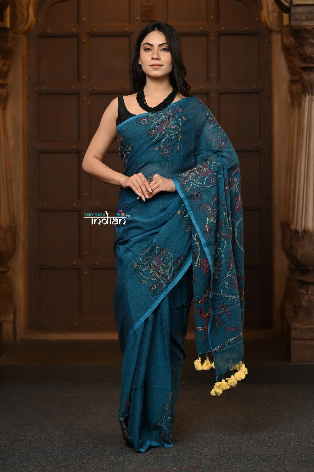 Parampara ~ Handloom Mul Cotton with Kantha Hand Embroidery in Squalane Blue