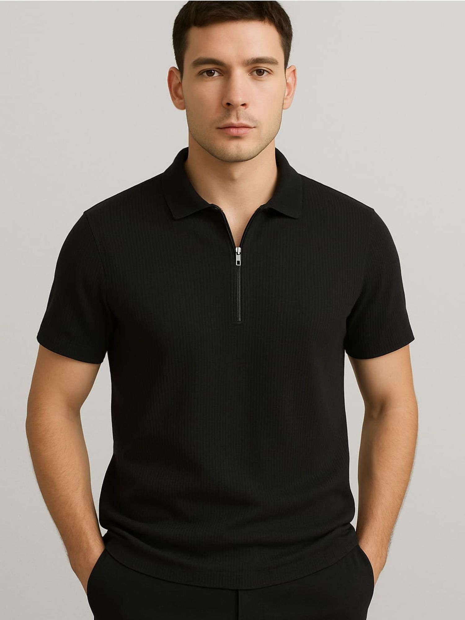 Crazy bee Polo Collar Neck Tshirt: Black textured vertical