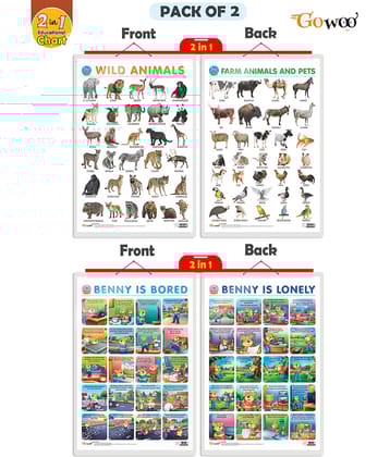 Set of 2 |2 IN 1 WILD AND FARM ANIMALS & PETS and 2 IN 1 BENNY IS BORED AND BENNY IS LONELY Early Learning Educational Charts for Kids|
