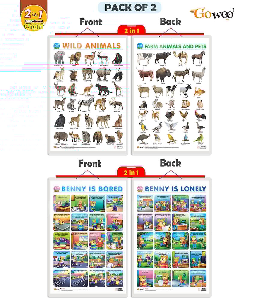 Set of 2 |2 IN 1 WILD AND FARM ANIMALS & PETS and 2 IN 1 BENNY IS BORED AND BENNY IS LONELY Early Learning Educational Charts for Kids|