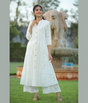 Juniper Cotton Blend Self Design Front Slit Women's Kurti - White ( Pack of 1 )