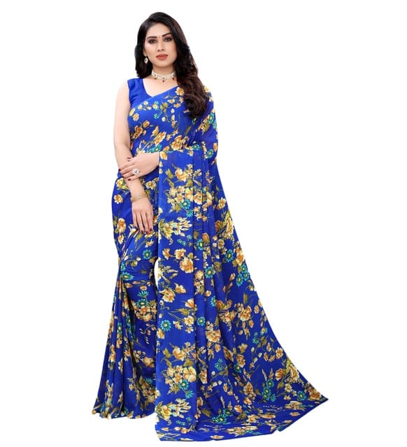 Generic Women's Georgette Floral Printed Saree with Unstitched Blouse Piece, Soft Lightweight 5.5 m Sari for Daily, Office and Wear (Royal Blue, Design 67570)