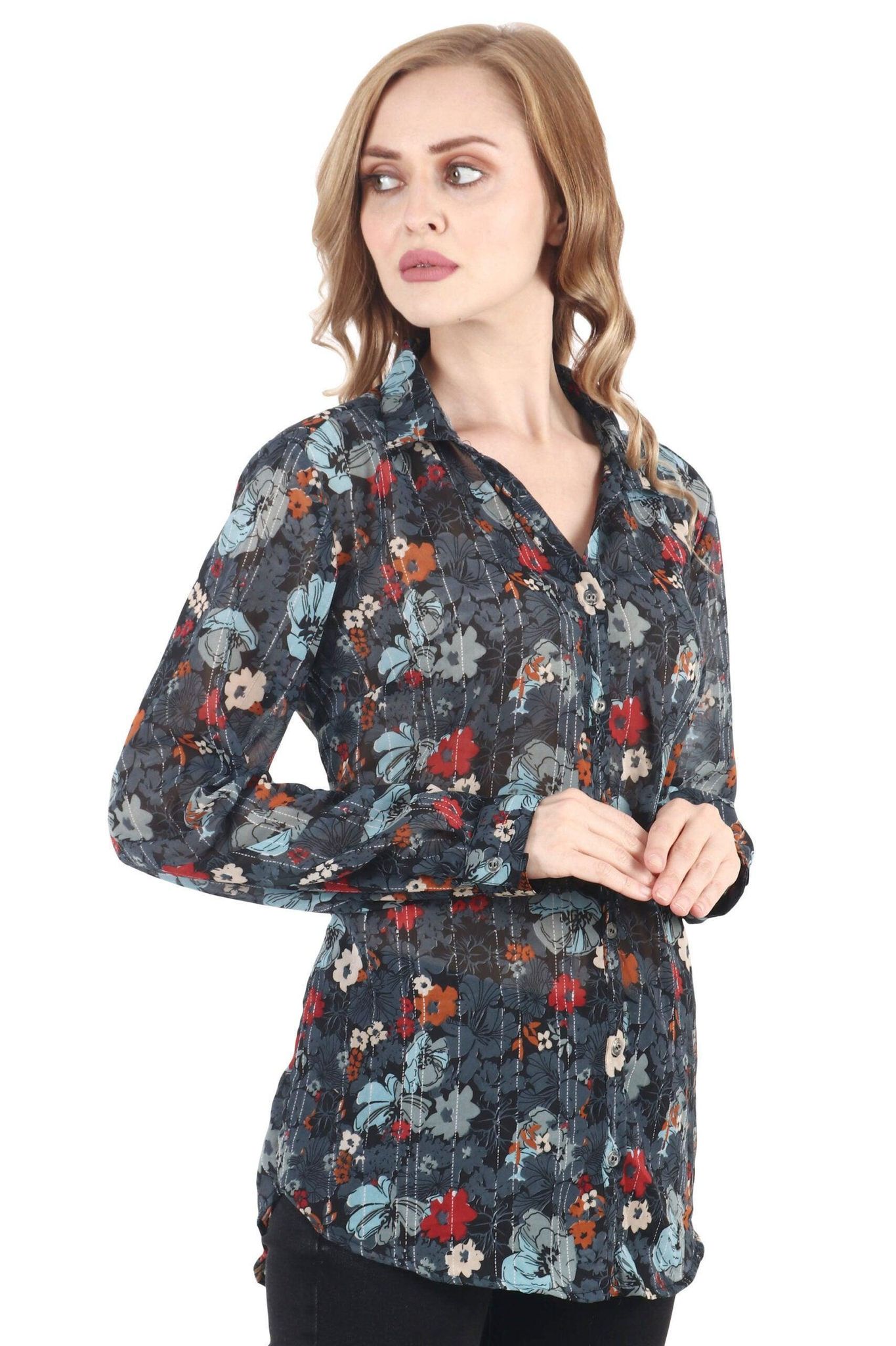 Dark Grey Floral Printed Shirt-L / Grey