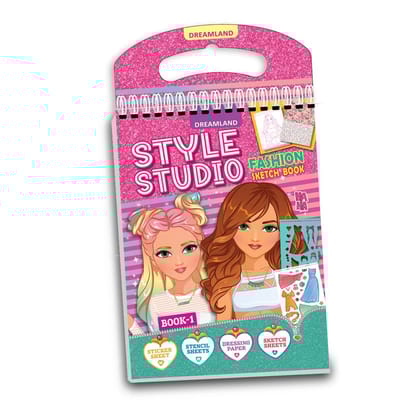 Dreamland Style Studio Fashion Sketch Activity Book 1 for Girls Age 4-8 years– Creative Design Kit with Sticker Sheets, Stencil Sheets, Dressing Paper & Sketch Pages | Fun DIY Activity Book