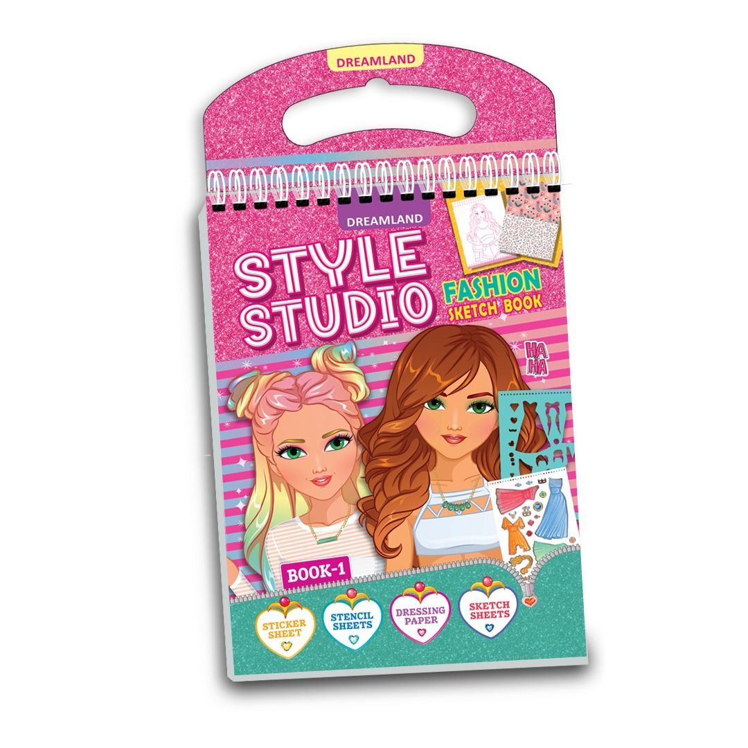Dreamland Style Studio Fashion Sketch Activity Book 1 for Girls Age 4-8 years– Creative Design Kit with Sticker Sheets, Stencil Sheets, Dressing Paper & Sketch Pages | Fun DIY Activity Book