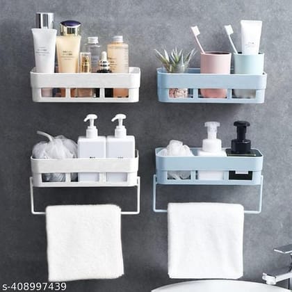 Self Adhesive Bathroom Shelf 4 Shelf + 2 Towel Hanger - Pack of 2