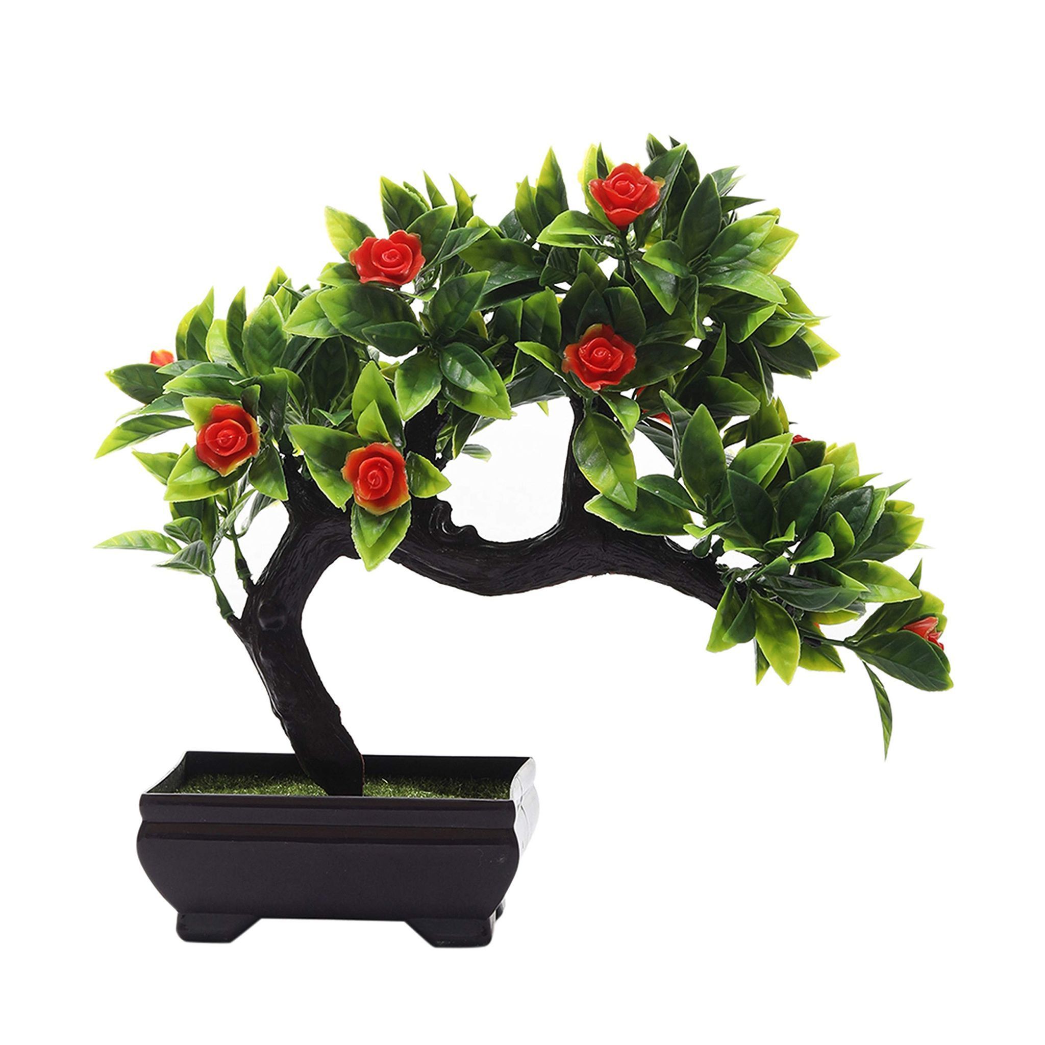 FOLIYAJ Artificial Plant Flower Bonsai Tree with Pot for Home Decor Living Bed Room Office (23 cm x 10 cm x 23 cm, FYJ-PT-B-BENTMLEVORNROS)