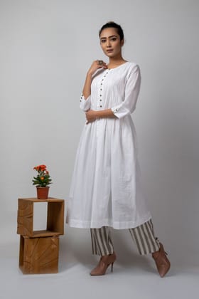 white smocked button down tunic + striped pants-S