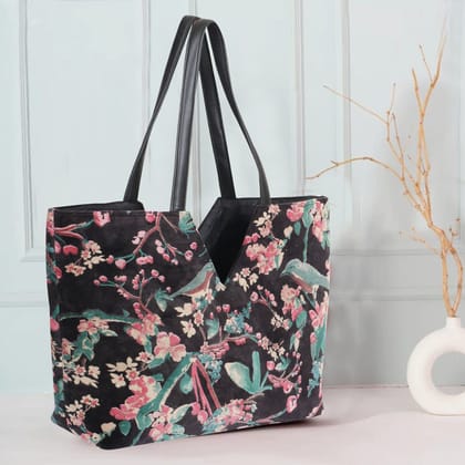 Birds Planet V Cut Velvet Hand Bag- Black
