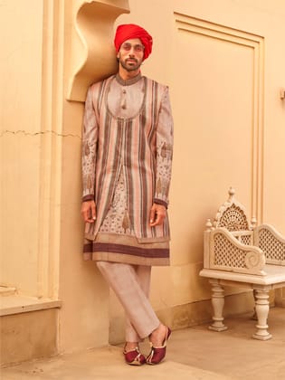 Beige Printed Men Kurta set with Zari Work Coat
