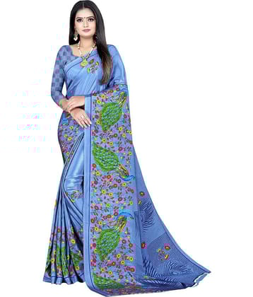 LEELAVATI Crepe Printed Saree With Unstitched Blouse Piece ( Blue )