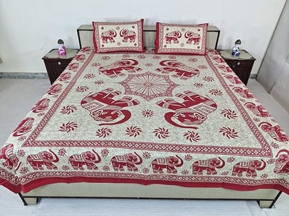 Bed Sheet Set with Pillow Covers, Traditional Indian Elephant Print Cotton semi duoble in Red and White Color,Best use at Single Bed and Deewan