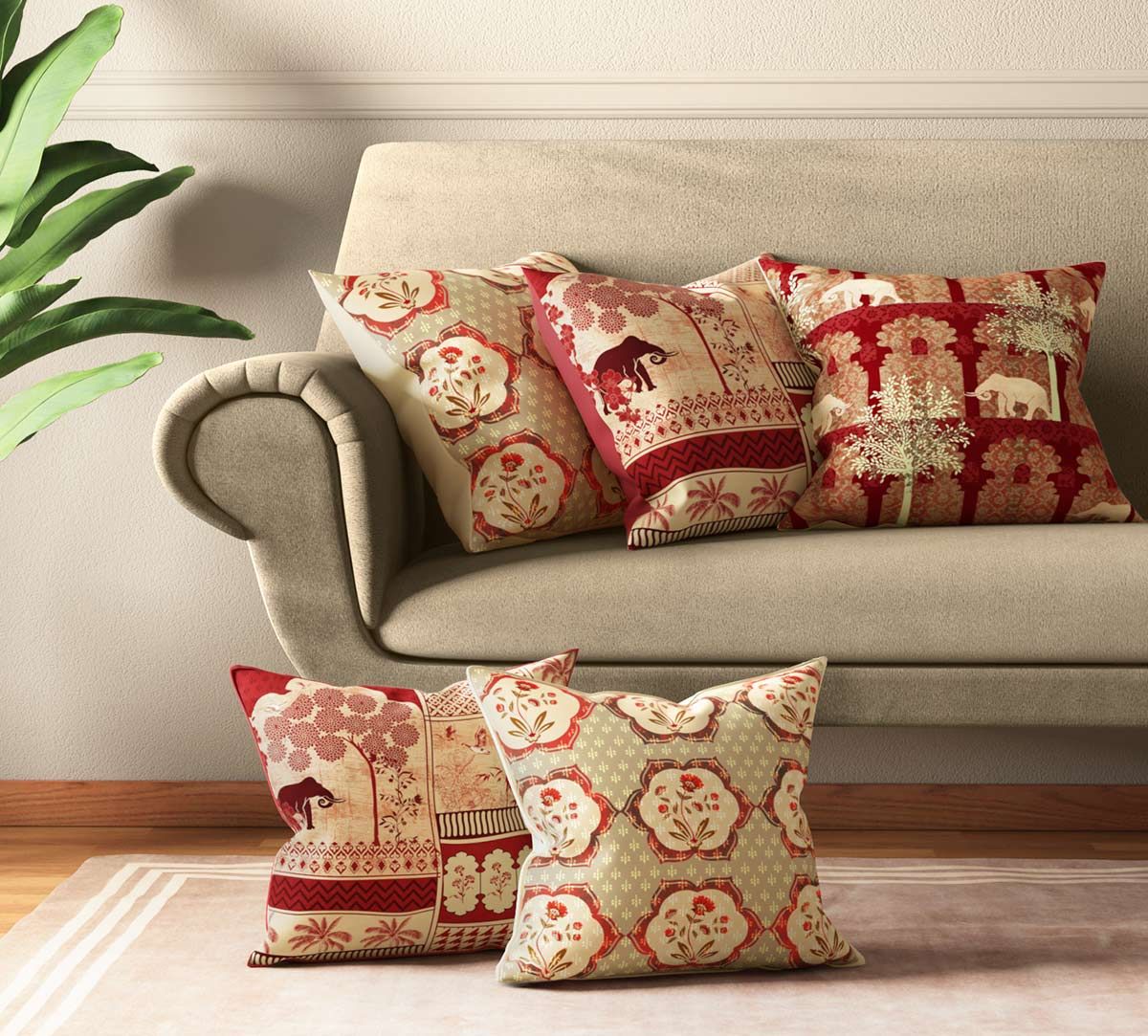 India Circus Ancient Haathi Cushion Cover Set Of 5