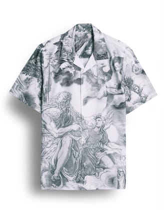 "Divine Elegance: Christ Birth Sketch Printed Camp Collar Shirt for Men by GlamaStitch"-S