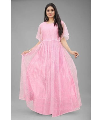 A TO Z CART Women Net Printed Fit & Flare Dress ( Pink )