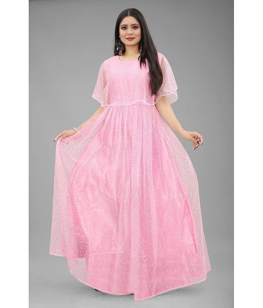 A TO Z CART Women Net Printed Fit & Flare Dress ( Pink )
