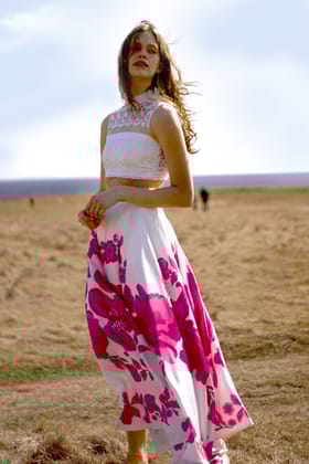 LACE CROP TOP AND FLORAL MAXI SKIRT SET-XS / XXS / White / Pink