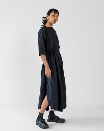 Black Elastic Wasit Side Slit Cotton Dress-XS