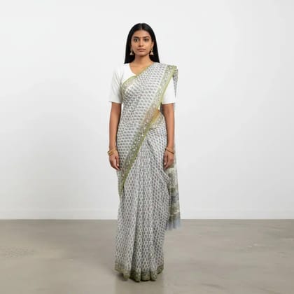Kota Doria Block Print Saree in Sage Green with Blouse Piece Kota Doria Block Print Saree in Sage Green with Blouse Piece