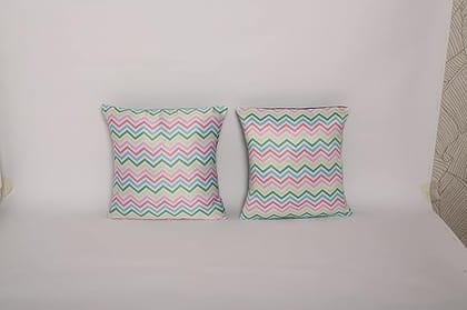 Koko Decorative Polyester Cushion Cover | 16x16 Inch Soft Textured Multicolor Zig Zag Stripes | Perfect for Bed, Sofa, and Chair Seats - Set of 2