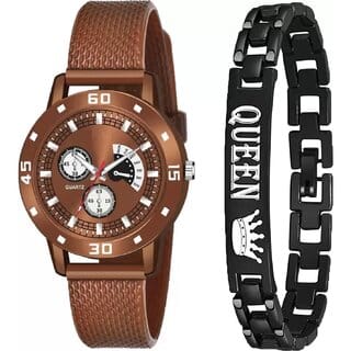 Bolun Av Brown Av Cash Brown Pu With Queen Bracelet Analog Women and Girls WatchCvvm392