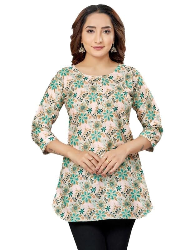 Women's Cotton Blend Round Neck 3/4 Sleeves Short Top (Multicolor, L)-PID56234