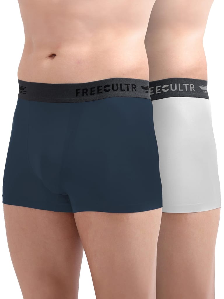 Freecultr Men's Underwear Anti Bacterial Micromodal Airsoft Trunk - Non Itch No Chaffing Sweat Proof - Pack of 2-Cloud White,Prussian Blue