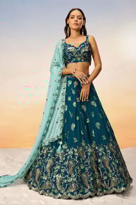 Teal Semi-Stitched Embroidered Georgette Lehenga
