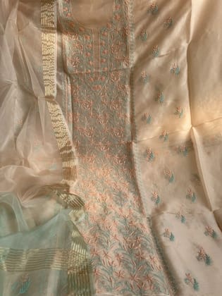 Organza Chikankari Length with Dupatta -Light Peach Pink-Brown / Organza / Pearl Work