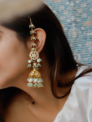 Keevah Mint-Green Kundan Chandbali Earrings-Mint-Green