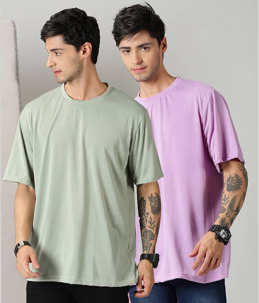 RodZen Cotton Blend Oversized Fit Solid Half Sleeves Men's Round T-Shirt - Multicolor7 ( Pack of 2 )