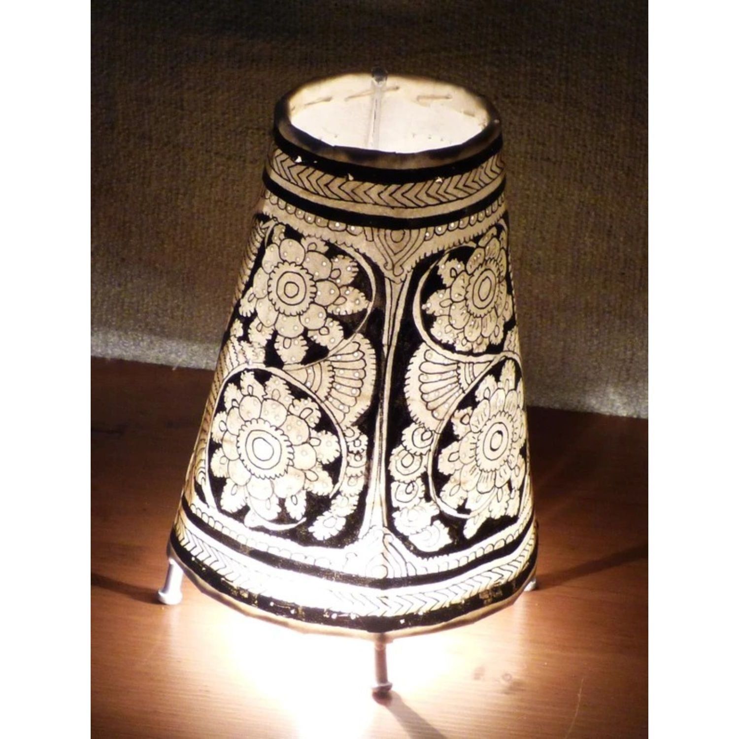 Radiant Flower Kalamkari Handpainted Standing Round Leather Lamp -9 Inch