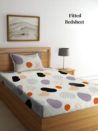 Cream & Black Geometric 300 TC Single Fitted Bedsheet With 1 Pillow Cover