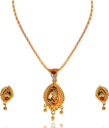 SHANKHRAJ MALL NON ADJUSTABLE GOLD PLATED MEENA KARI PENDANT SET WITH 18"INCH CHAIN AND EYERINGS-100408
