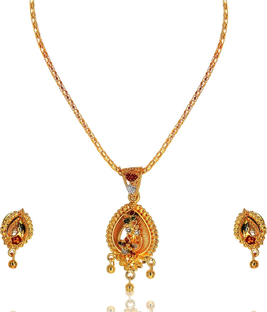SHANKHRAJ MALL NON ADJUSTABLE GOLD PLATED MEENA KARI PENDANT SET WITH 18"INCH CHAIN AND EYERINGS-100408