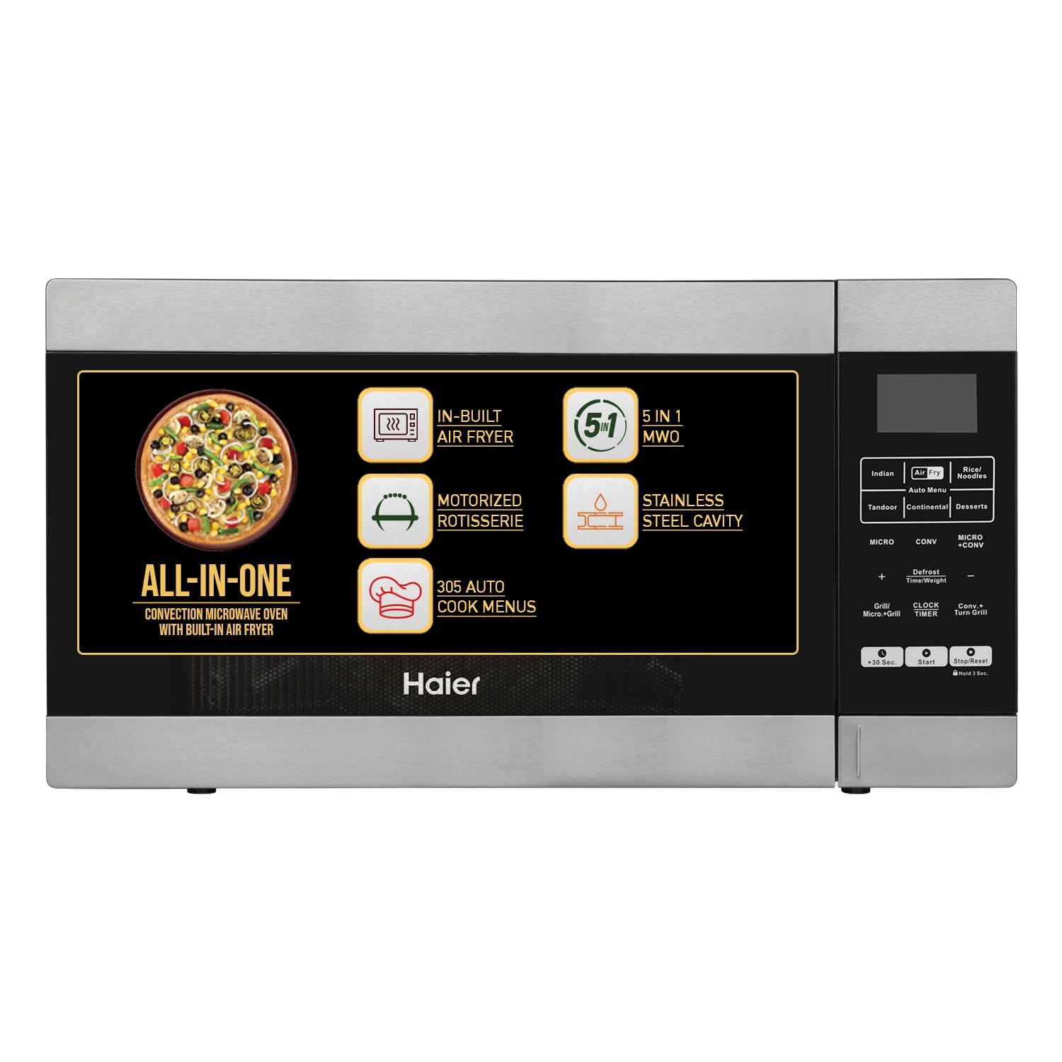 Haier 30L Convection Microwave Oven (HIL3001ARSB, Black) with In-Built Air Fryer | Motorized Rotisserie | Stainless-steel Cavity | 5 In 1 Microwave oven Haier 30L Convection Microwave Oven (HIL3001ARSB, Black) with In-Built Air Fryer | Motorized Rotisser