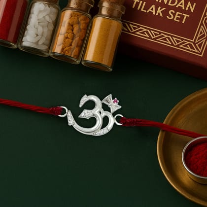 Pure 92.5 Silver Hindu Om Rakhi with Chandan Tilak Set