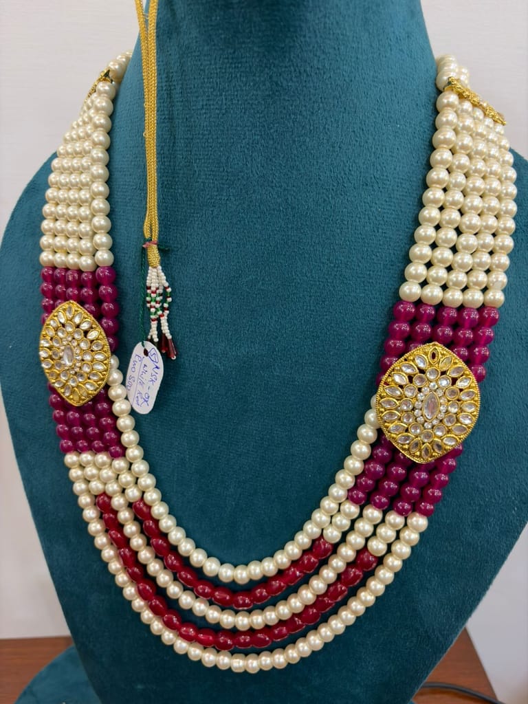 groom and party wear maroon gold and white pearl mala with two side brooches