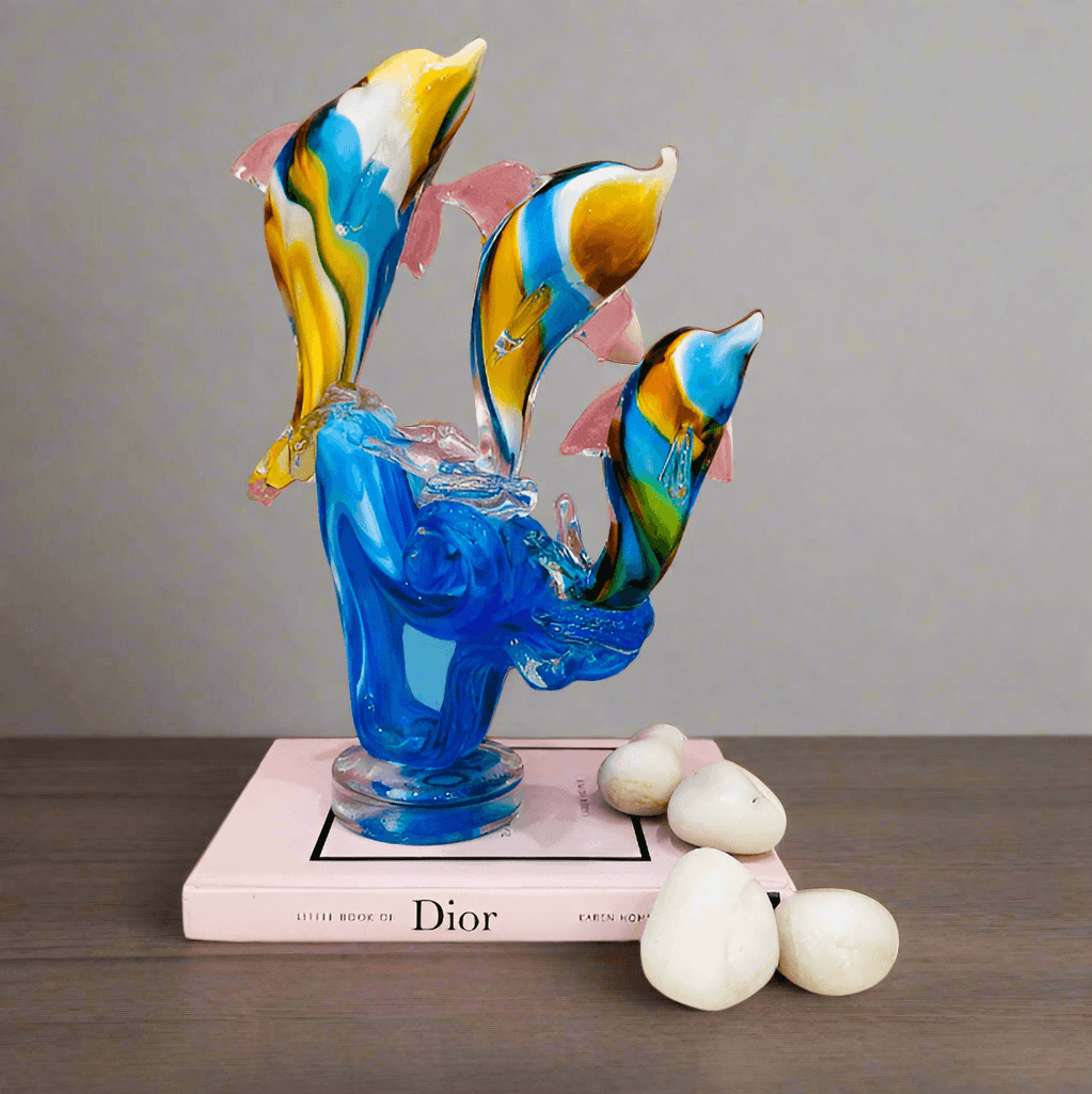 Murano Glass Dolphin Pod Style 1-Sky Blue / Hand Blown Glass / H: 10 | L: 8 | W: 3 (inch)