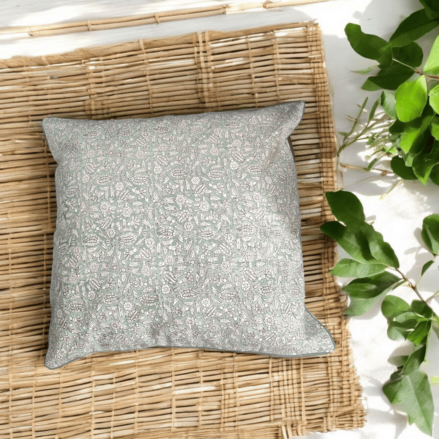 16" cotton cushion cover floral light green with piping-16 x 16 inches