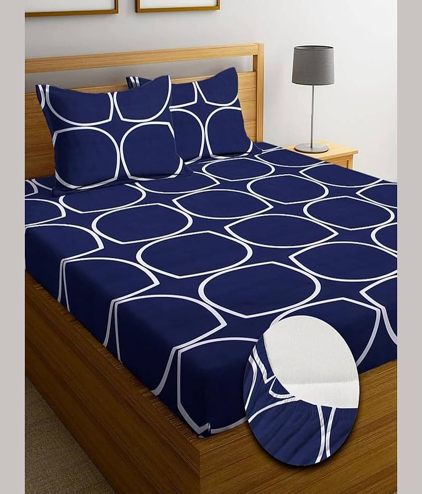 SHOMES Cotton Geometric Fitted 1 Bedsheet with 2 Pillow Covers ( Double Bed ) - Navy